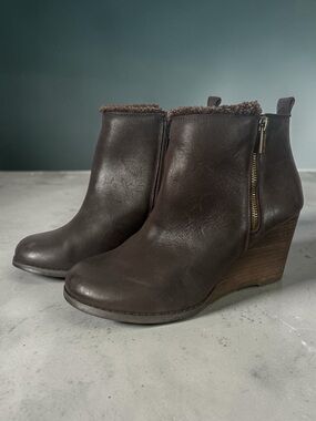 Lucky Brand Leather Faux Fur Wedge Ankle Boots